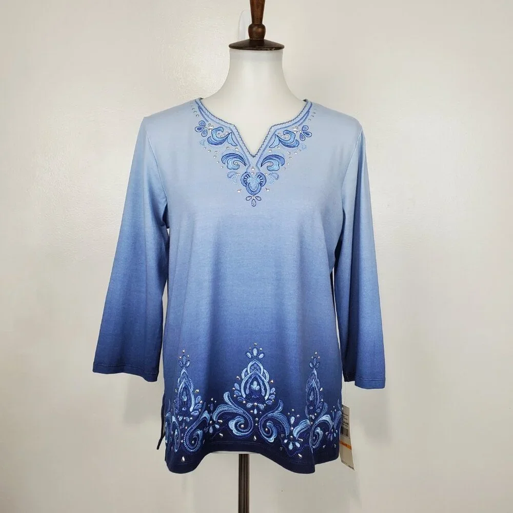 Alfred Dunner Blue Ombre Embroidered Embellished Knit Top NEW NWT Size S - Picture 14 of 14